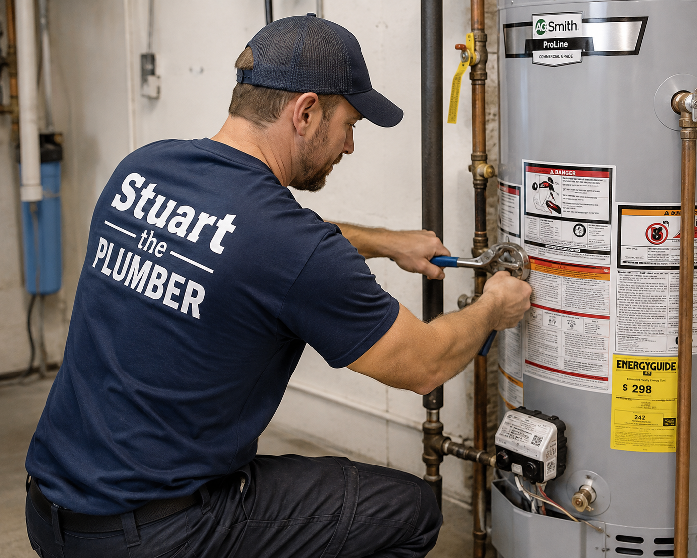 Stuart The Plumber technician working on a water heater, demonstrating licensed plumbing services and honest