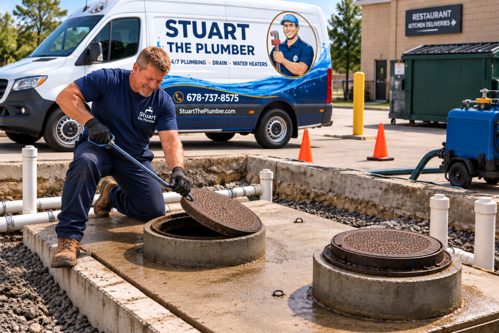 Stuart The Plumber technician installing a commercial grease trap in Lawrenceville, GA
