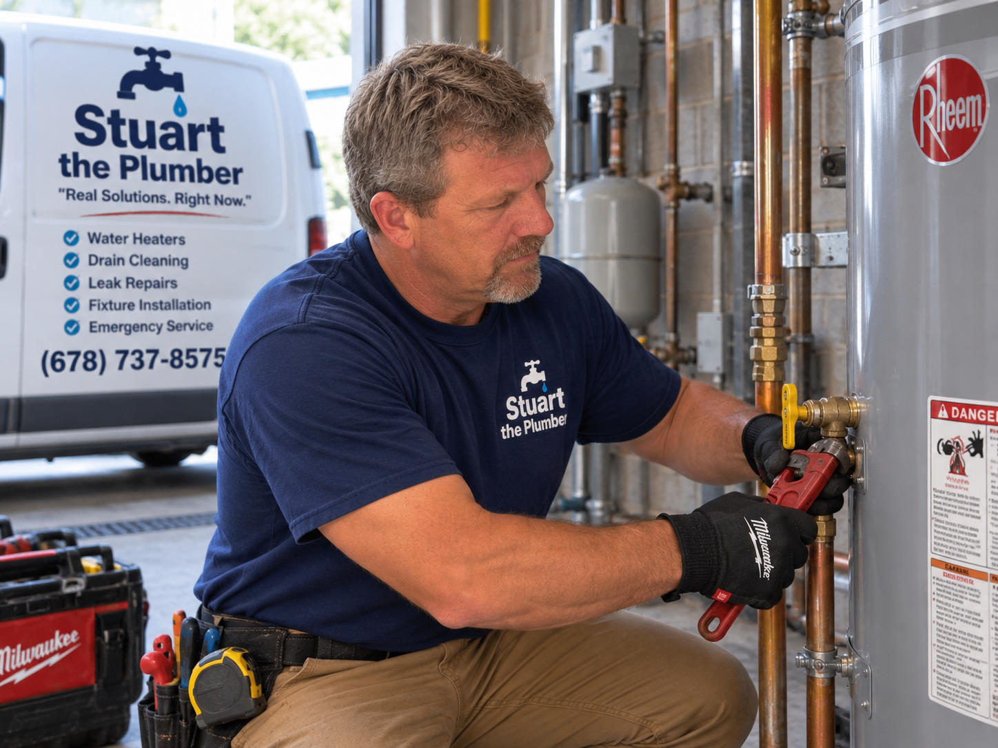 Plumber adjusting pipes and valves near a water heater in a service garage