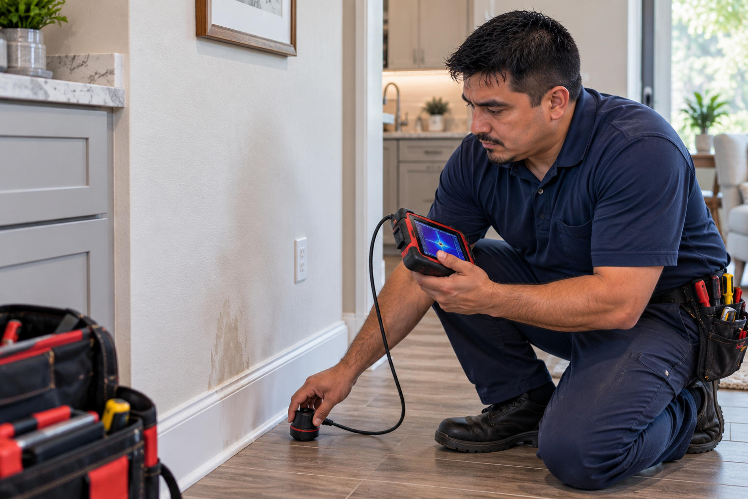Professional technician using a moisture meter on a wall in a home